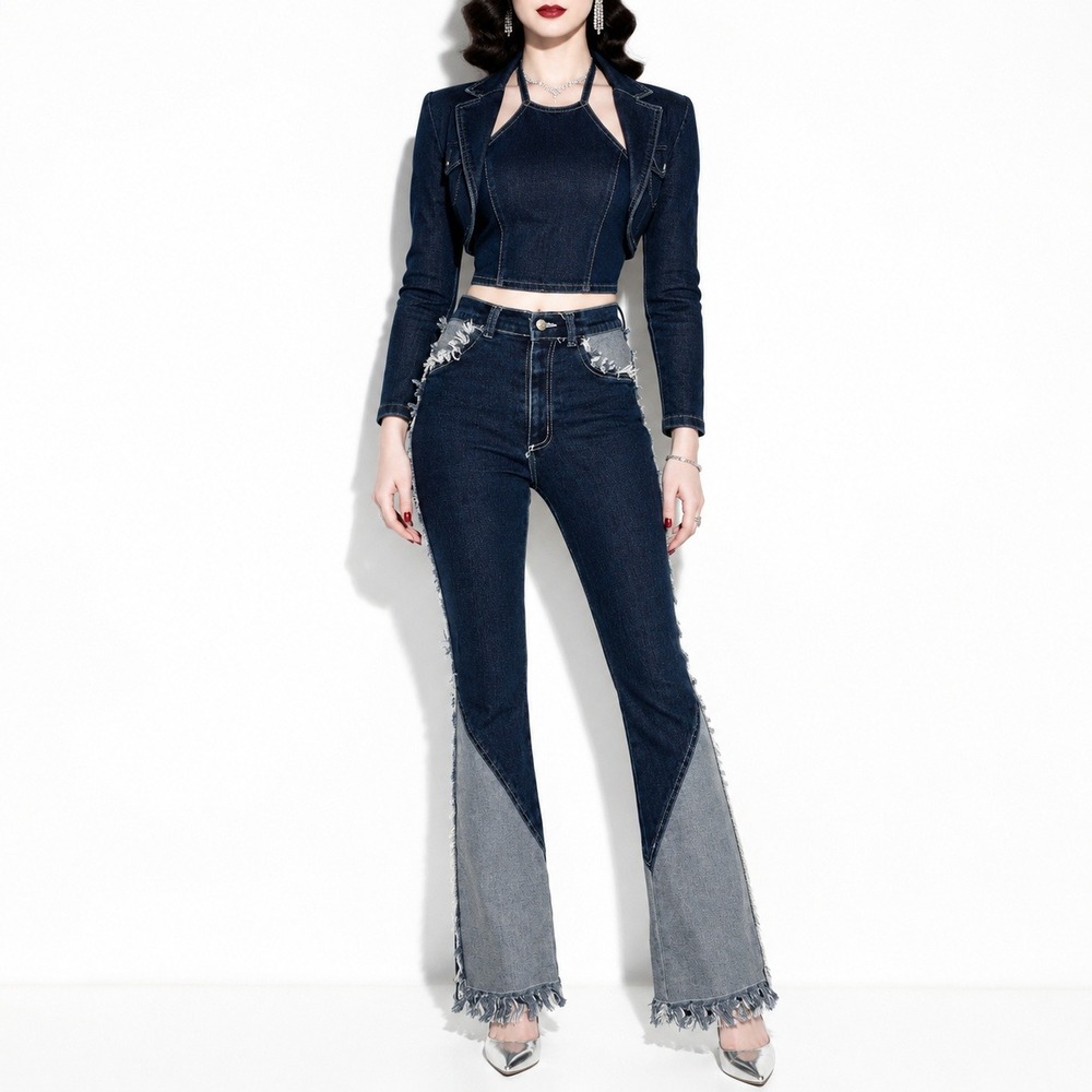 Y2k Vintage Two Tone Frayed Hem Jeans Women 2 Flare Leg Gray Boho Fringed Denim